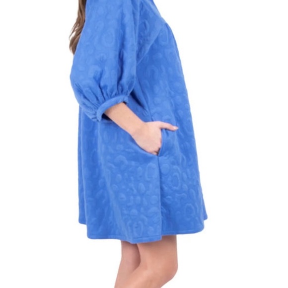 Emily McCarthy Stella dress Marine cheetah Puff Sleeve Blue Large - Picture 2 of 7